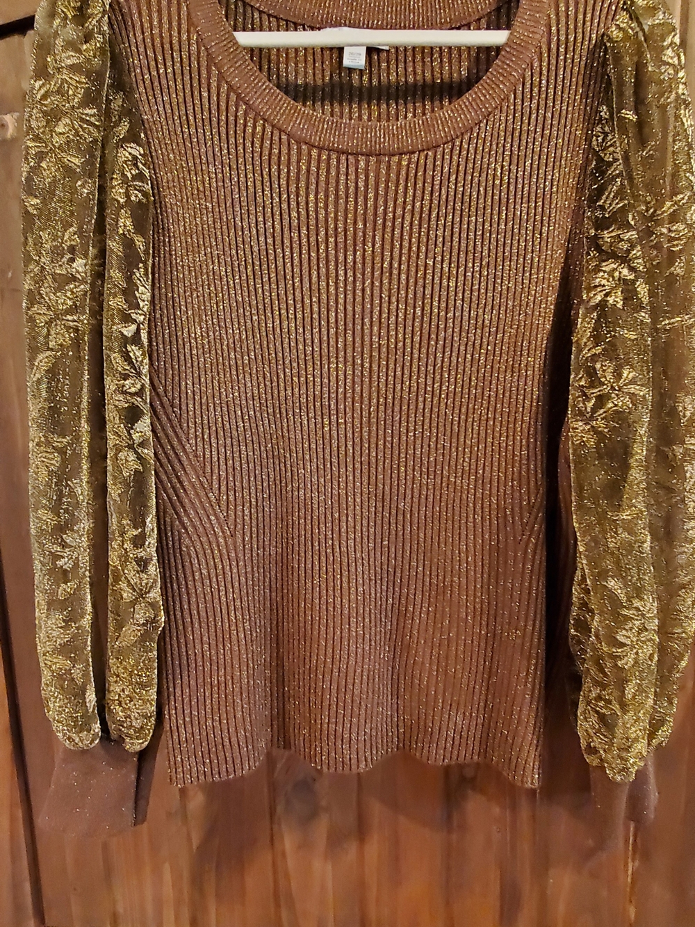 Cato Gold Metallic Ribbed Sweater with Velvet Puff Sleeves